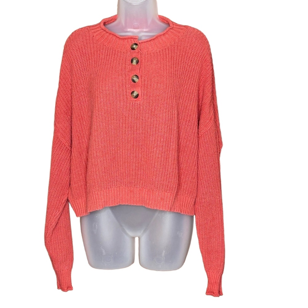 American Eagle Sweater Womens Large Coral Cropped Henley Y2K Coquette Streetwear - Picture 1 of 12